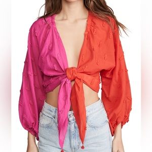Farm Rio Color-block pineapple blouse pink and red